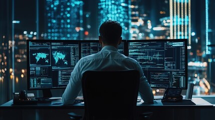Fototapeta premium A cybersecurity expert monitoring disaster recovery post-attack.