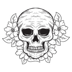 Skull with floral wreath. Vector illustration in tattoo style.
