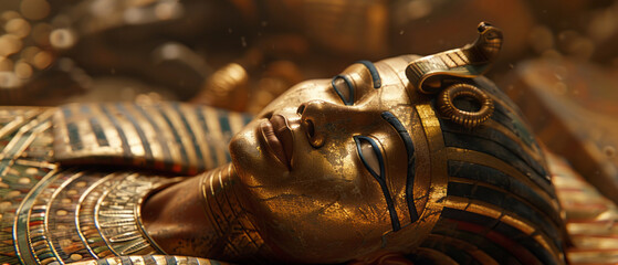 A painted female pharaoh's body lying on an ancient Egyptian bed, in a detailed, realistic style.