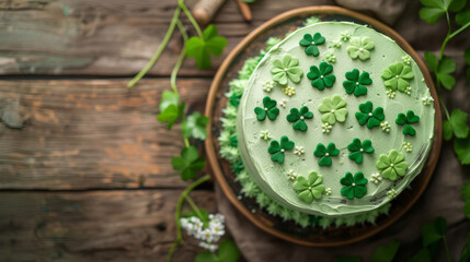 A cake decorated with shamrocks for a St. Patrick's Day celebration on a wooden table, photographed in high quality with no background.