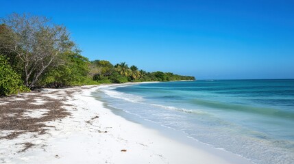 Beautiful white sand beach with turquoise tropical waters and a clear blue sky, creating a serene summer vacation atmosphere