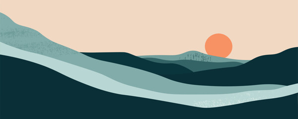 A simple, flat vector landscape featuring mountains, hills, and a sunset sky. warm colors create a serene and minimalist design, perfect for nature-inspired projects and peaceful outdoor scenes.