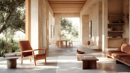 Fototapeta premium relaxed living room with concrete floor, featuring soft light and natural elements. space is open and airy, creating serene atmosphere