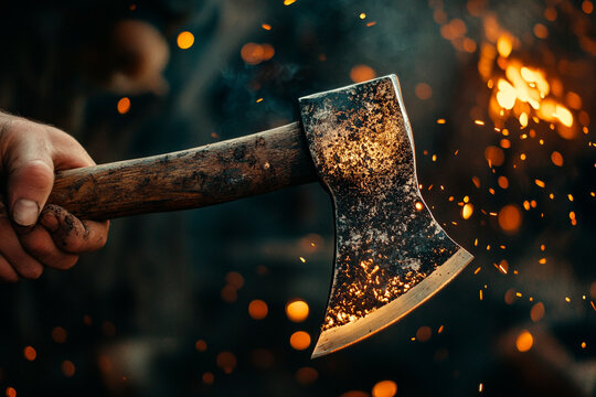 	
Close-up of men's hands sharpening an axe on an electric sharpener. Repair of home tools. Sparks fly.	
