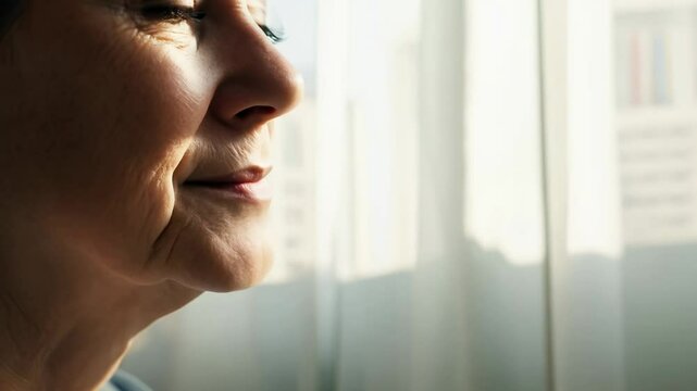 Close-up video of a person with androgynous features expressing gender affirmation, lit by natural window light