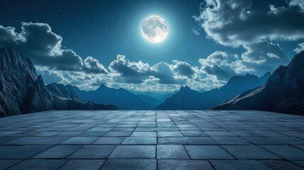 Black stone floor with rugged mountains under the moon, clouds casting shadows across the scene