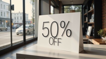 Indoor shopping mall with "50% Off" discount sign