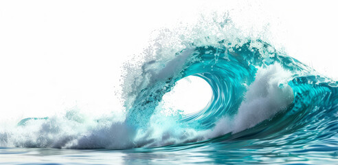Fototapeta premium A beautiful wave isolated on a white background, in blue and turquoise colors, creating a dynamic splash with depth.