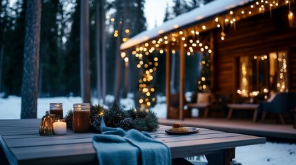 A cozy cabin table adorned with festive lights, candles, and winter decor, set against a snowy backdrop.