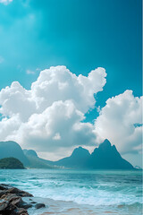 A vast blue sky with a few fluffy white clouds scattered across it, the clouds appear particularly bright under the sunlight, and a rough sea with the water showing different shades of blue