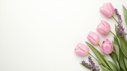 Fototapeta premium Delicate pink tulips and lavender arranged artistically, Perfect for seasonal greetings or floral designs.