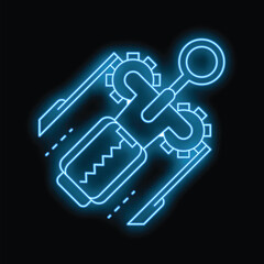 Neon blue icon of a wind up toy moving forward on a black background, representing childhood memories and nostalgia