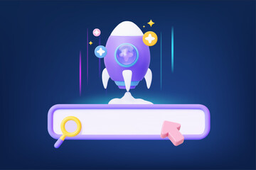 3D rocket with a search interface on a dark background. Concept of fast internet search. Vector illustration. Can be used for SEO and marketing.