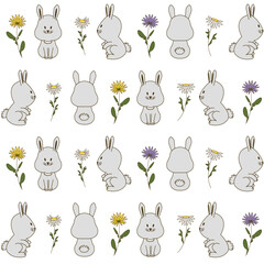 Hares, bunnies with flowers, rabbit seamless pattern with cartoon animals