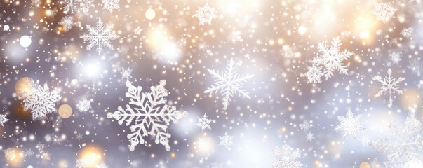 A festive winter background with falling snowflakes and shimmering lights, Christmas banner, selective focus.