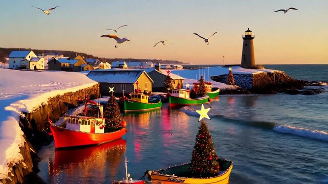 A lively Christmas boat parade featuring colorful lights and festive decorations on a snowy harbor