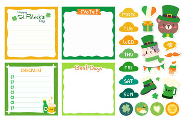 St.Patrick's Day Memo Set. St.Patrick's Day themed memo set includes adorable planner stickers featuring cute characters like a bear and cat in leprechaun hats, a checklist, and memo sheets.