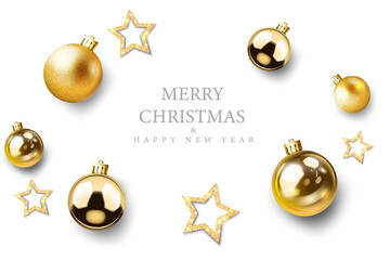 gold christmas balls,stars decorative abstract merry christmas and happy new year celebration white background top view. greeting card,poster and banner vector illustration.