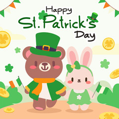 Kawaii St. Patrick’s Day Bear and Bunny Illustration. Adorable St. Patrick’s Day Illustration with Bear and Bunny in Green.