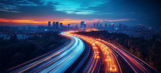 A city street with a long, curving road with many cars on it