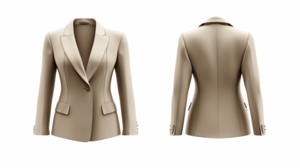 strapless blazer mockup template, front and back view, a vintage-style blazer with wide lapels in beige, on a transparent backgrounds