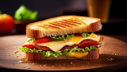 Grilled cheese crispy sandwich oozing with melted cheese on a wooden board close up generative ai