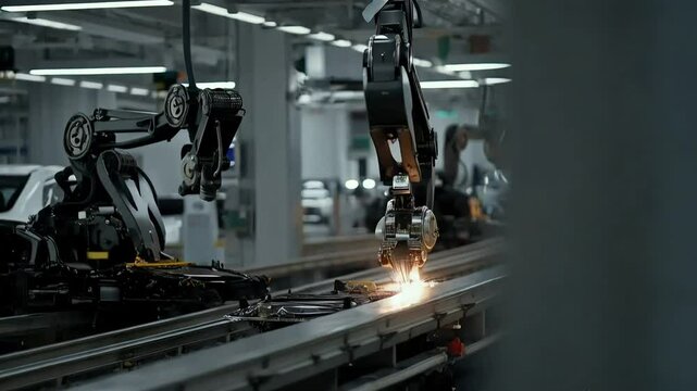 Robotic arms assembling car parts on an assembly line, welding joints with precision, and moving chassis along rails.
