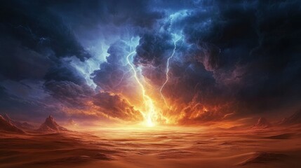 Obraz premium Empty desert landscape beneath a foreboding stormy sky, with flashes of light breaking through dark, billowing clouds.