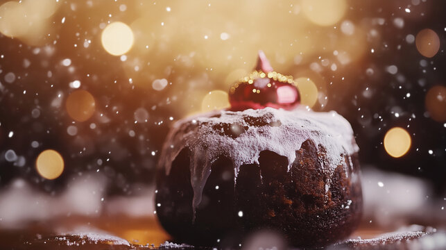 Close up highly detailed christmas pudding photo. cake, celebration, December, presents snow, proffesional.