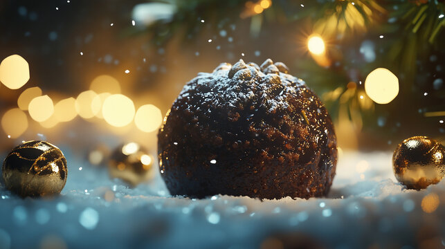Close up highly detailed christmas pudding photo. cake, celebration, December, presents snow, proffesional. dark background with lights