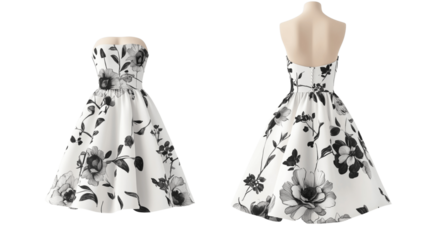 strapless culottes dress mockup template with artistic floral designs, showing front and back perspectives, on a transparent backgrounds