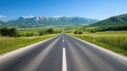 Fototapeta premium Empty highway reaching out to distant green mountains under a clear sky, creating a peaceful, nature-inspired travel vibe.