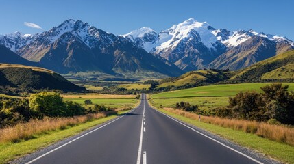 Empty highway reaching out to distant green mountains under a clear sky, creating a peaceful, nature-inspired travel vibe.