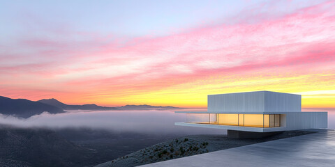 Fototapeta premium Modern architecture home with stunning sunset view over mountains and clouds in serene landscape