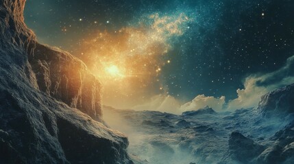 Naklejka premium The galaxy's core glowing above a high cliff, casting an ethereal light on the rugged terrain below.