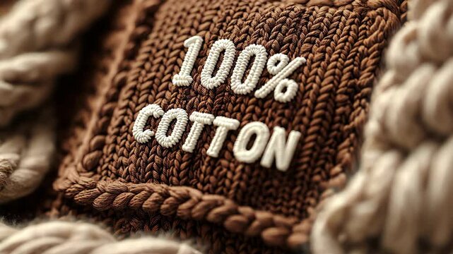 A brown knitted background embroidered with 100% COTTON in white knitting font.