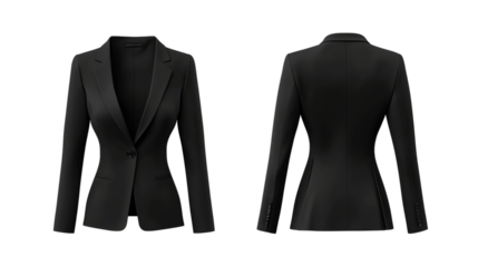 strapless mockup template, front and back view, a sleek black blazer in modern minimalist design, on a transparent backgrounds