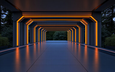 Modern illuminated corridor surrounded by greenery during twilight hours