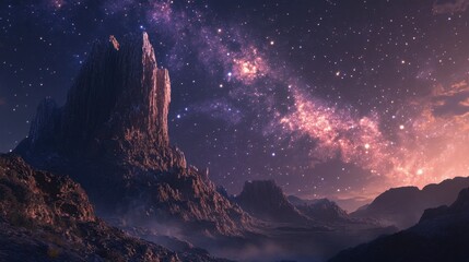 Obraz premium The galaxy's stars shining brilliantly above a towering cliff, creating a celestial backdrop to the rugged terrain.