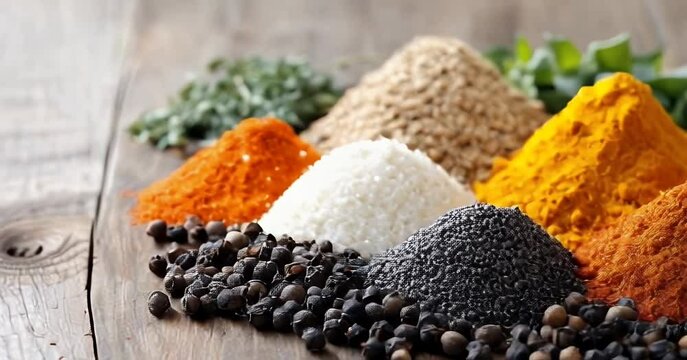 Colorful spices arranged in mounds on a wooden surface.