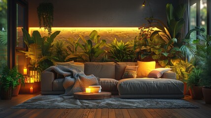 Cozy and Inviting Modern Living Room with Abundant Greenery and Warm Ambient Lighting Featuring Plush Sofa and Wooden Floor Decorcozy living room