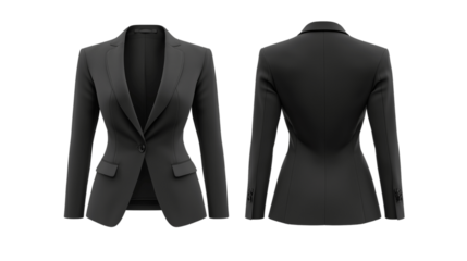 template showing strapless blazer mockup, front and back views, a structured blazer in charcoal grey with slim fit , on a transparent backgrounds