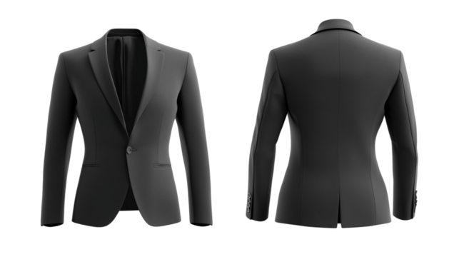 template showing strapless blazer mockup, front and back views, a structured blazer in charcoal grey with slim fit , on a transparent backgrounds