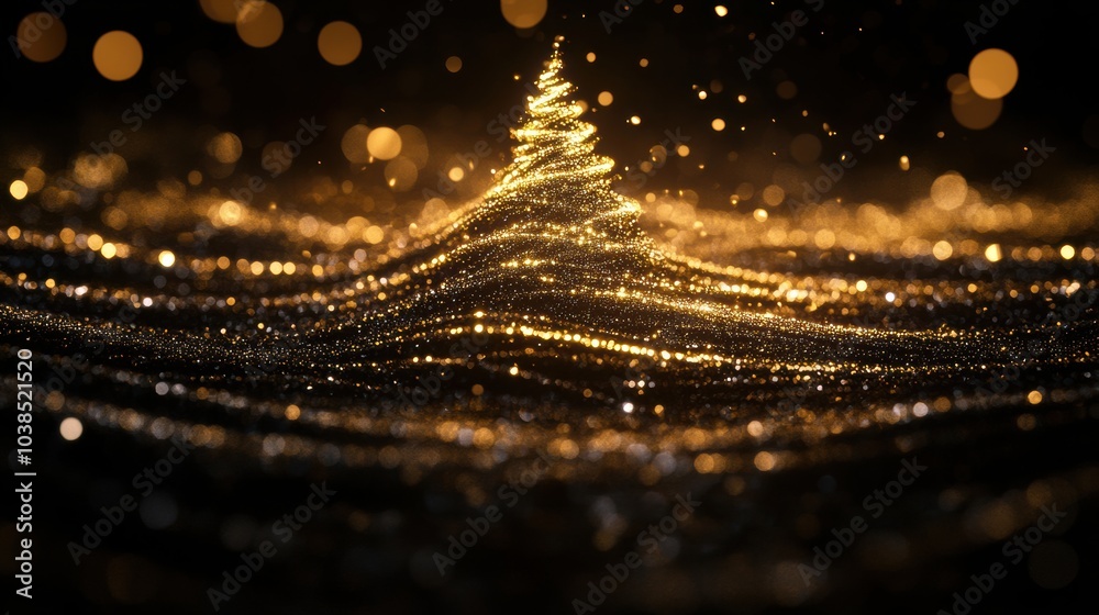 Poster A Christmas tree silhouette emerges from intertwining golden and silver lines set against a deep, dark background, shimmering with elegance. Generative AI