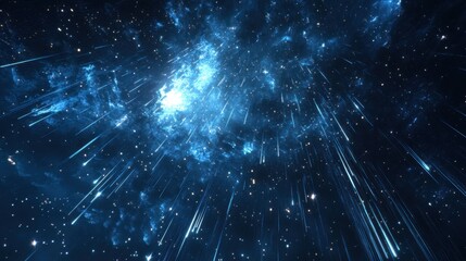 Naklejka premium The night sky with a meteor shower, streaks of light passing through a star-filled galaxy.