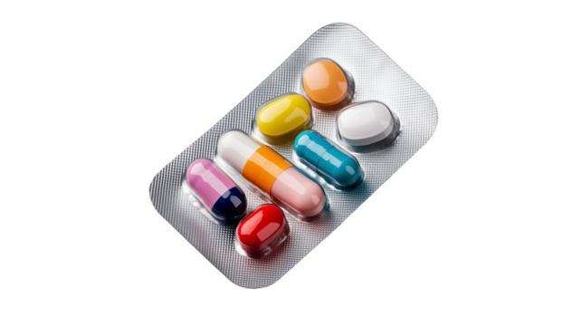 Assorted colorful pills in blister pack on transparent background