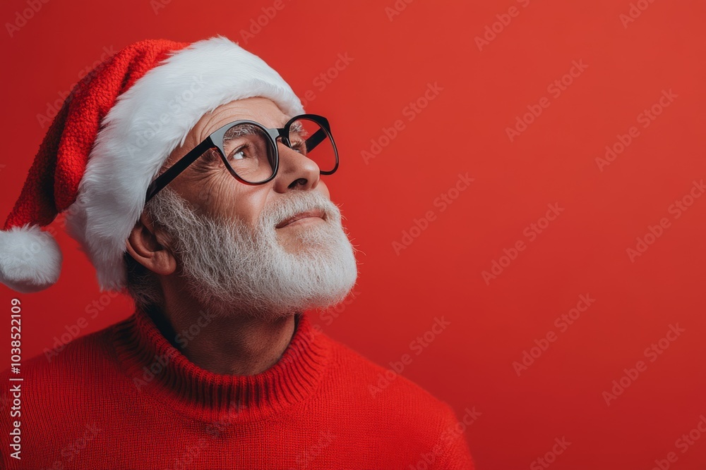 Wall mural an aged gentleman dressed in a santa hat smiles upwards, exuding a warm and joyful presence against 