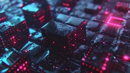 Abstract digital cityscape with glowing pink and blue lights, reminiscent of a futuristic metropolis or a complex data network. The image is full of intricate details and depth.