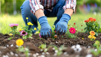 Close-up of a gardener's hands planting flowers in a garden bed. Blue gardening gloves and a red flower are visible.  Sunlight illuminates the scene.