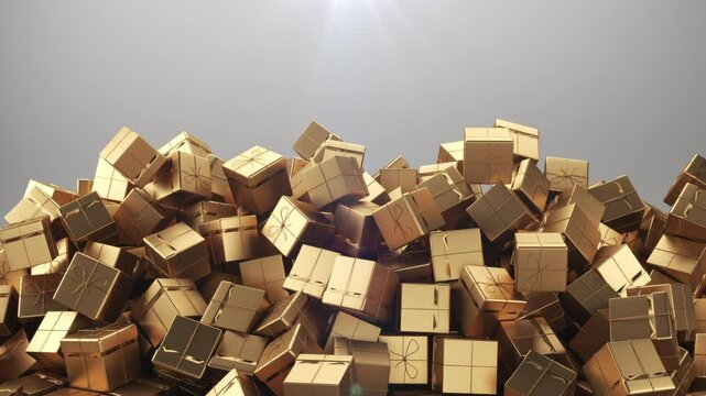 Golden Present git box falling isolate on gray background color. 3d animation slow motion. Christmas concept idea.